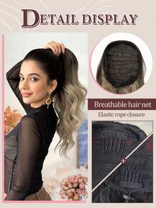 Hästsvansförlängning med dragsko och klämmor, svartbrun, guldtonad grå tonad brun flerfärgad, 18 tum långvågig syntetisk peruk av värmebeständiga fibrer, lämplig för kvinnors dagliga användning vid jul, halloween, musikfestivaler, fester etc. - Tvåtonad - Visa 11