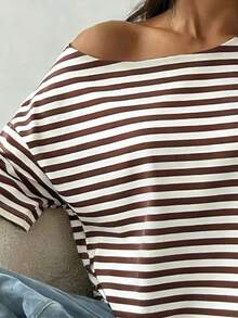 Brown Striped Classic Open Shoulder Loose T-Shirt, Fashionable Y2K Street Style Summer For Women, Casual Top White - White - View 3