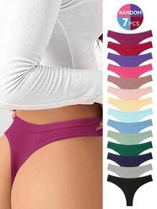 7pcs/Pack Women's Solid Color Low Waist Sexy Bikini Thong Panties, Casual Comfortable Minimalist Briefs, Cotton Breathable - 彩色 - 查看 1