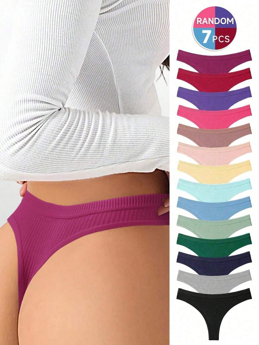 7pcs/Pack Women's Solid Color Low Waist Sexy Bikini Thong Panties, Casual Comfortable Minimalist Briefs, Cotton Breathable - 彩色 - 查看 1