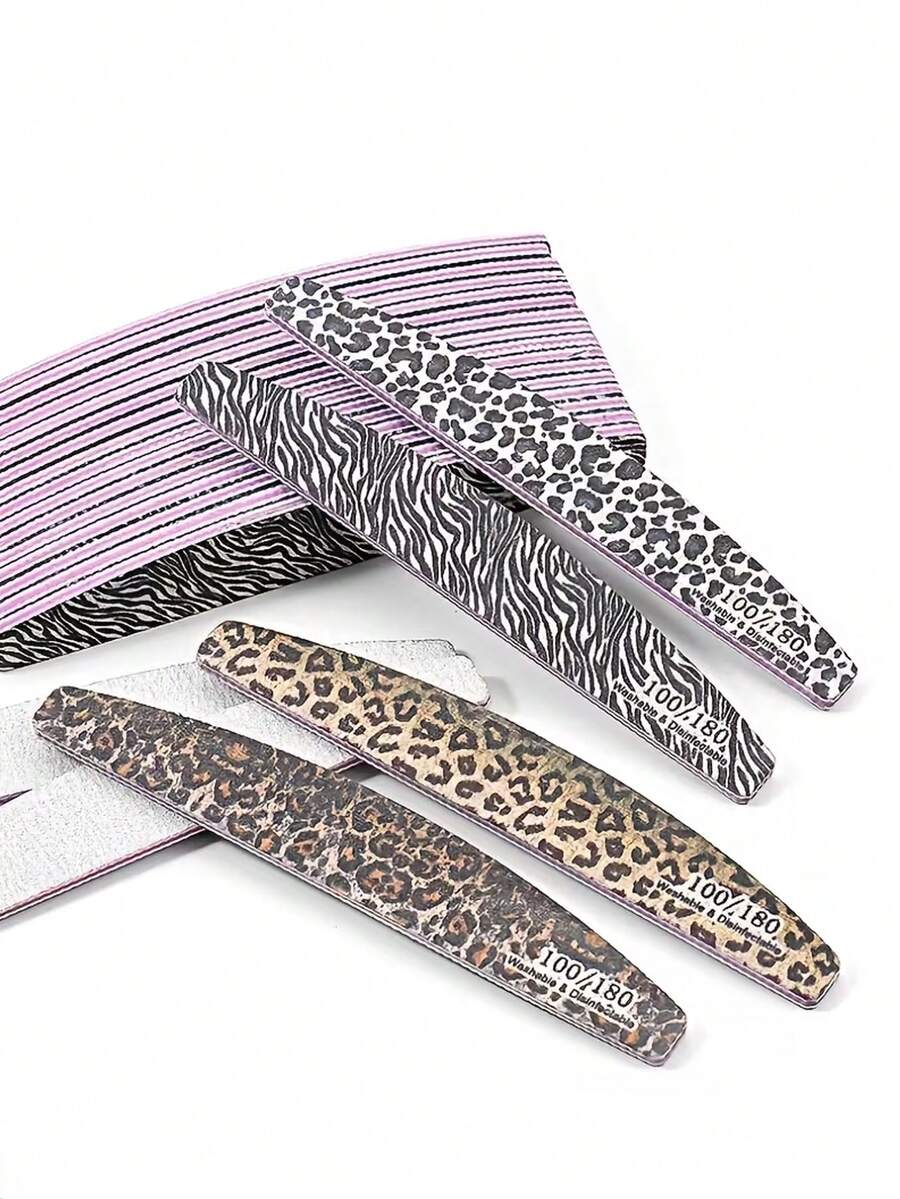 4pcs Leopard Print Nail Files, Crescent Shaped, Ergonomic Design, Convenient For Buffing And Shaping, Comfortable Grip, Suitable For Daily Use, Travel And Nail Salons - Multicolor - View 1