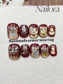 10片手工亚克力短方形/圆形美甲贴纸，柔和红色，带有不规则闪粉，手绘闪亮猫眼招财猫图案，简约优雅奢华秋季美甲，多功能DIY假指甲，适用于派对、日常、约会、工作等场合，可重复使用，送给女性和女孩的礼物，美甲用品 - 紅色 - 查看 10