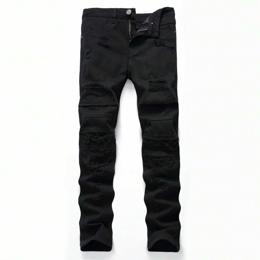 Nueva moda jeans slim fit casual personalidad jeans rotos - Negro - Ver 1