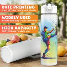 1个足球主题塑料水瓶，可爱印花设计，带翻盖，可重复使用，容量750毫升，轻便防漏，适合跑步旅行，可作为生日、圣诞节、万圣节、感恩节礼物。 - 白色 - 查看 2