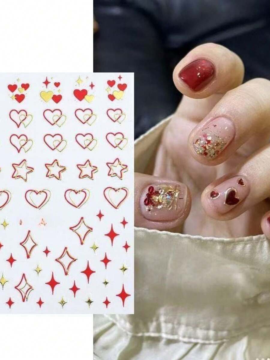 1片红色和金色爱心星星美甲贴纸，镂空金属爱心星星美甲贴花，少女风设计 - 彩色 - 查看 1