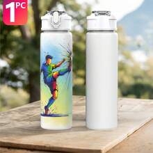 1个足球主题塑料水瓶，可爱印花设计，带翻盖，可重复使用，容量750毫升，轻便防漏，适合跑步旅行，可作为生日、圣诞节、万圣节、感恩节礼物。 - 白色 - 查看 1