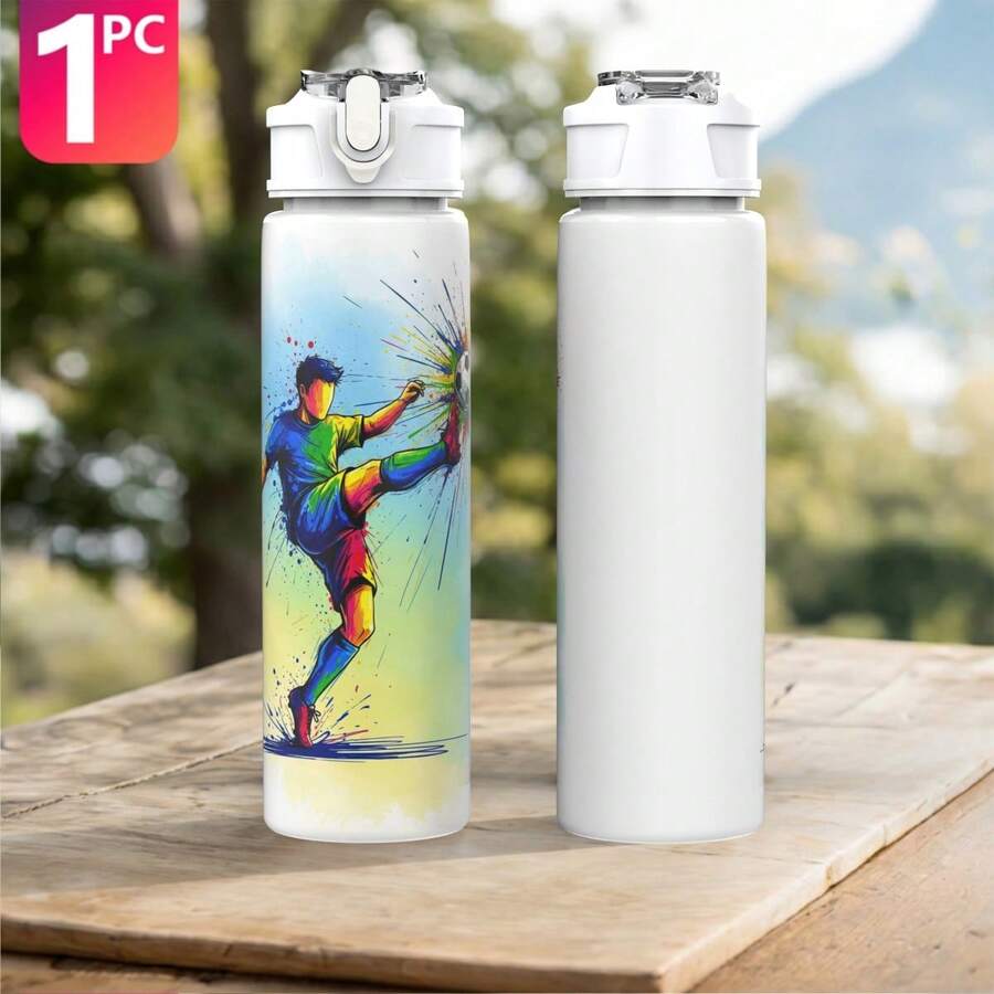 1个足球主题塑料水瓶，可爱印花设计，带翻盖，可重复使用，容量750毫升，轻便防漏，适合跑步旅行，可作为生日、圣诞节、万圣节、感恩节礼物。 - 白色 - 查看 1