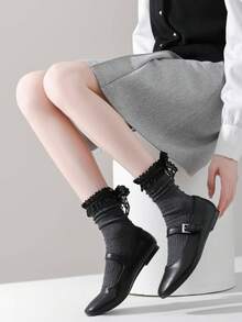 1双日式甜美蕾丝边饰长袜，蝴蝶结系带纯色芭蕾长袜，女士款 - 彩色 - 查看 5