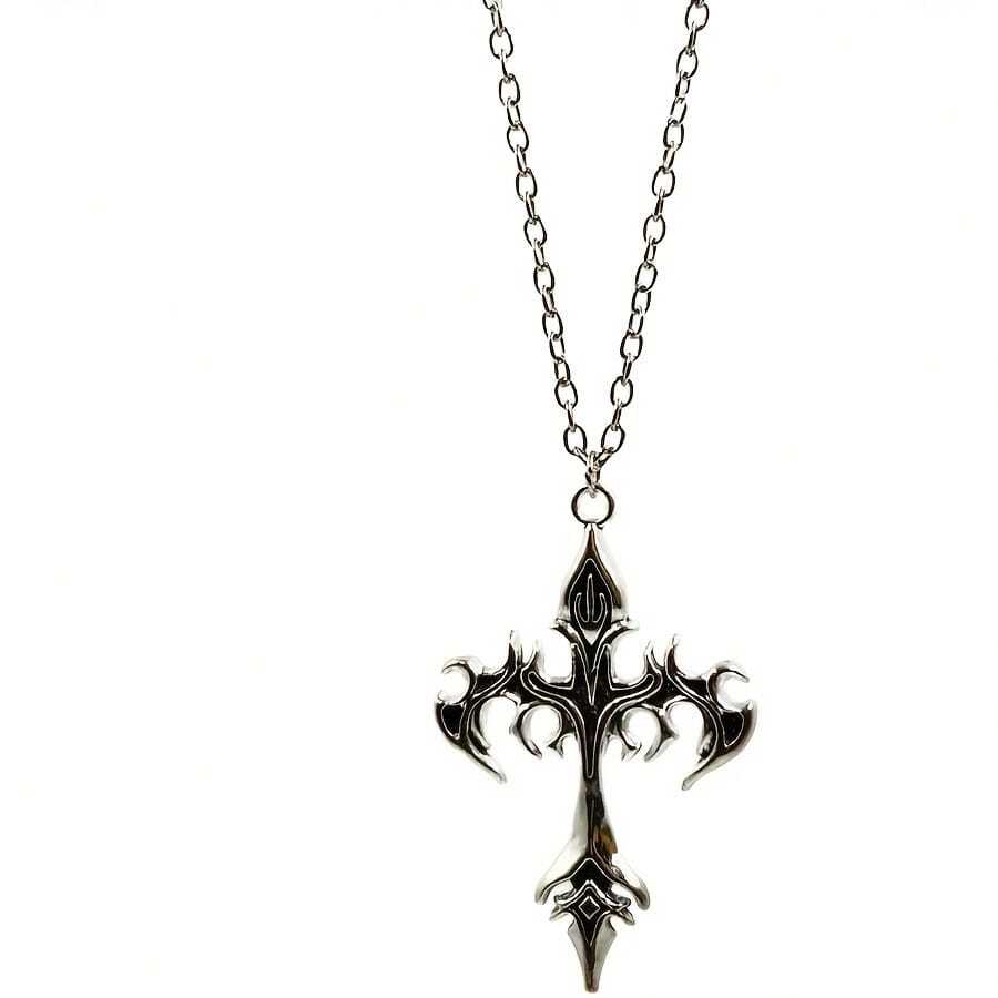 1 Fashion Retro Silver Flame Cross Pendant Punk Charm Necklace, Zinc Alloy Charm, Unisex  Jewelry, Daily Wear Gift Casual Holiday Party Jewelry Gift - A2 - 查看 1