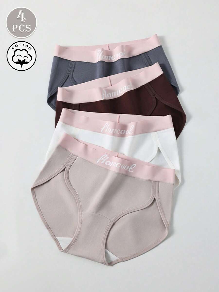 4pcs/Pack Multicolor Mid-Waist Sporty Cotton Hipster Panties, Soft & Comfortable Women's Underwear - Multicolor - View 1