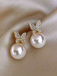 1 Pair Rhinestone Butterfly Faux Pearl Stud Earrings, Elegant Minimalist Unique Design Earrings, Suitable As Birthday, Holiday, Mother's Day Gift For Girls - One-size - View 2