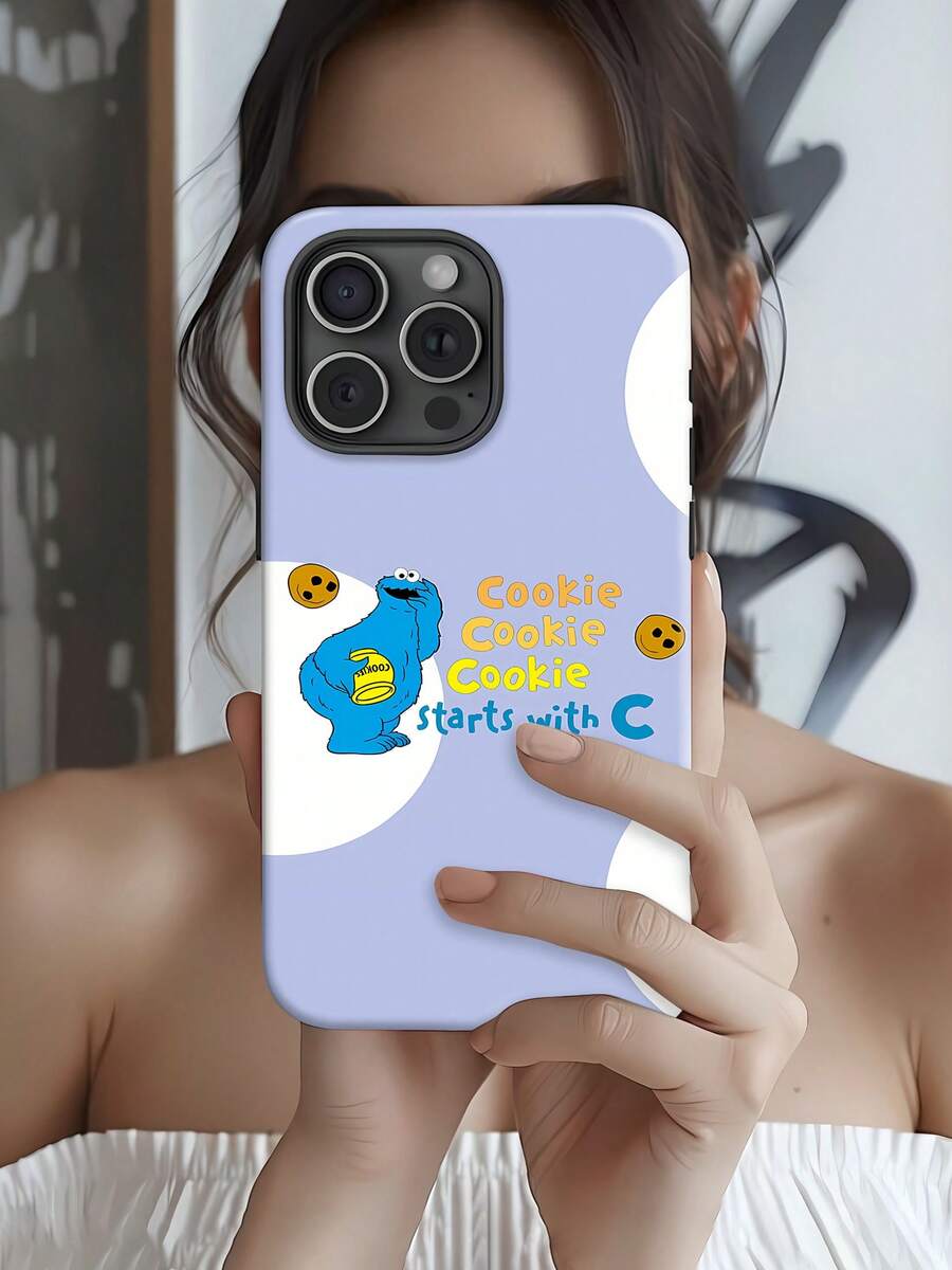 Monstruo Comegalletas con galletas y texto que promociona la letra C. Esta elegante funda es compatible con los modelos  17, 16, 15, 14 Pro Max, 13, 12, 11, XR y XS Plus. Fabricada en silicona de vidrio, ofrece protección contra golpes y caídas, además de una sensación superior. Es un regalo ideal para familiares, amigos y seres queridos, y una opción perfecta para Año Nuevo. - Blanco - Ver 1