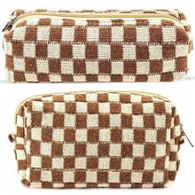 2Pcs Checkered Pencil Case Cute Pencil Pouch For Teens Checkered Makeup Bag Travel Cosmetic Bag Set Cute Makeup Pouch For Purse Portable Zippered Skincare Bags Preppy Toiletry Bags Organizer(Brown) - BH-格子2件裝 混合棕色 - 查看 2