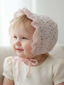 1pc Vintage Lace Embroidered Floral Baby Bonnet, 0-12 Months (Beige/White), Heirloom Christening & Photography Hat, Ultra-Soft Cotton Boho Photo Prop For Newborn Girls/Unisex - 1PC - View 12