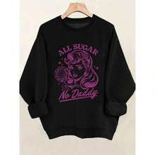 Women's Casual Long-Sleeve Graphic Sweatshirt - "ALLSUGAR NO DADDY" Retro Design, Mustard Yellow, Round Neck, Machine Washable Polyester, Plus Size Sportswear For Fall/Winter, Cute Sweatshirts - 黑色 - 查看 7