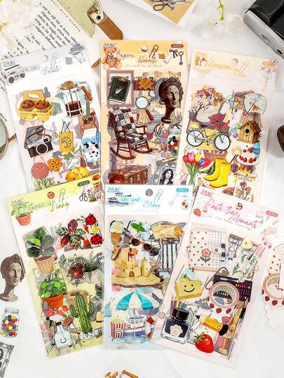 4 st klistermärken med tidsscener, lämpliga för presenter, kontor, hem, märkning, etiketter, klassrum, underhållningsleksaker, studentjournaler, kreativa retrodekorationsklistermärken