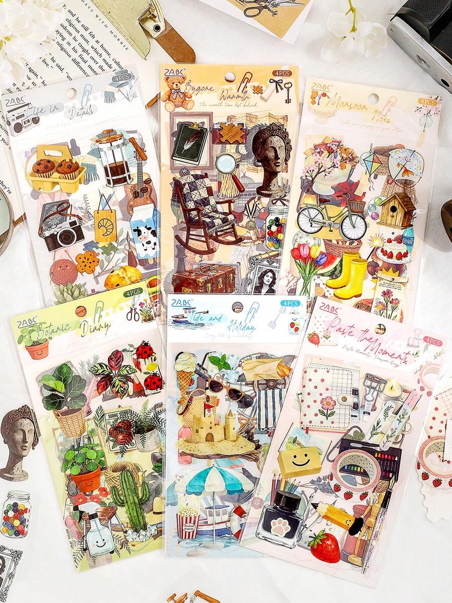 4pcs Time Scene Stickers, Suitable For Gifts, Office, Home, Marking, Labels, Classrooms, Entertainment Toys, Student Journals, Creative Retro Decoration Stickers - Multicolor - View 1