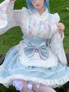 1pc Cute Fresh Strawberry Cat Print Lolita Maid Dress Cosplay Costume Set (No Headpiece), Light Blue, Suitable For Anime Convention, Music Festival, Autumn - Multicolor - View 14