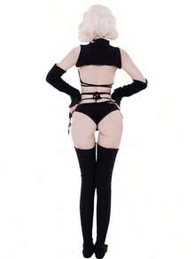 Sexy Cutout Knit Bikini Sweater Cosplay Set For Women – High Neck Anime-Inspired Doll Style Costume, 7-Piece Outfit With Top, Bikini, Gloves, Socks & Garter - 黑色 - 查看 6