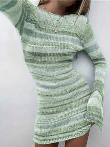 2026 Women's Spring/Summer New Fashionable Elegant French Striped Backless Knit Mini Green Dress, Suitable For Daily, Dating, Commuting, Beach Vacation, Spring Dress, Women's Valentine's Day, Summer Outfit, Women's Concert Outfit, Streetwear, Carnival Outfit, Women's Cruise Wear, Women's Beach Outfit, Women's Vacation Outfit - Mint Green - View 4