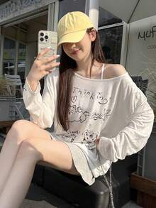 女士宽松休闲卡通印花不对称露肩罩衫T恤，夏季白色 - 白色 - 查看 9