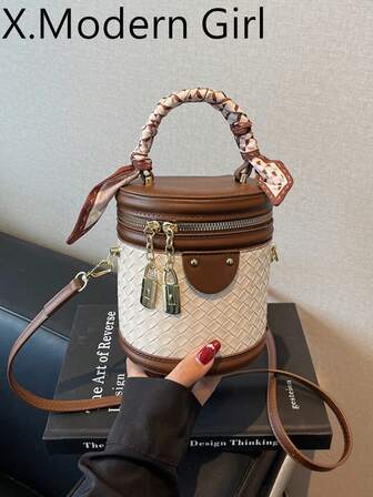 Bolso cruzado versátil y de alta gama, nuevo bolso de cubo con textura tejida y bloques de color para mujer