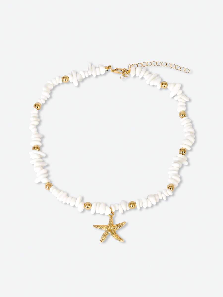Opalesca 1pc Turquoise Beaded Necklace With Metallic Starfish Pendant, Suitable For Women Daily And Travel Wear - White Turquoise + Starfish - View 1