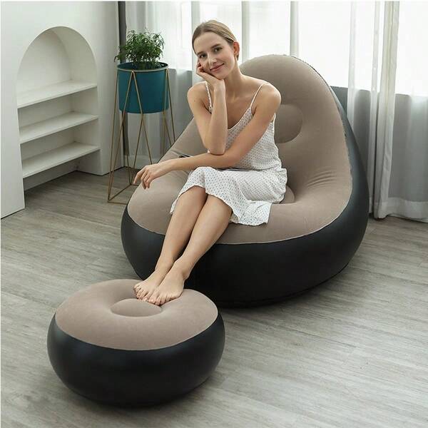 1pc PVC Flocked Inflatable Sofa Combination, Includes Leg Rest Slouchy Sofa, Suitable For Home, Outdoor, Casual, Thick Air Mattress Lounger Sofa Bed, Balcony, Home Use Casual Nap/Rest Chair, Foldable Sofa Lounger With Footrest