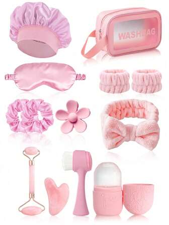 4/5/10/12pcs/Set Facial Beauty Care & Massage Tool Kit Combo - Includes Gua Sha Board, Facial Roller, Ice Cube Tray, Face Cleansing Brush, Headband, Wristband, Hair Clips, Sleep Mask, Scrunchies, Shower Cap, Toiletry Bag, Makeup Bag