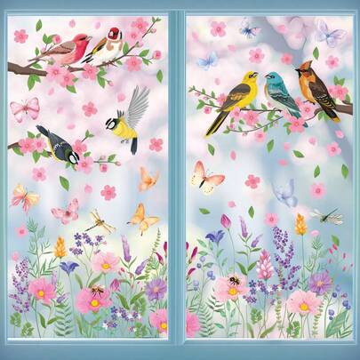 一套9张充满活力的春季主题窗贴，图案包括鸟、蝴蝶、花卉和树枝，可移除静电吸附，适用于春季卧室、客厅、阳台和商店橱窗装饰。