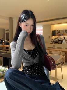 Women's Fashionable Versatile 2 In 1 Long Sleeve T-Shirt - Black and Gray - View 3