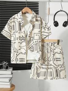 Boys' Casual Circuit Board Print Short Sleeve Shirt And Shorts Set, Spring/Summer - Beige - View 1