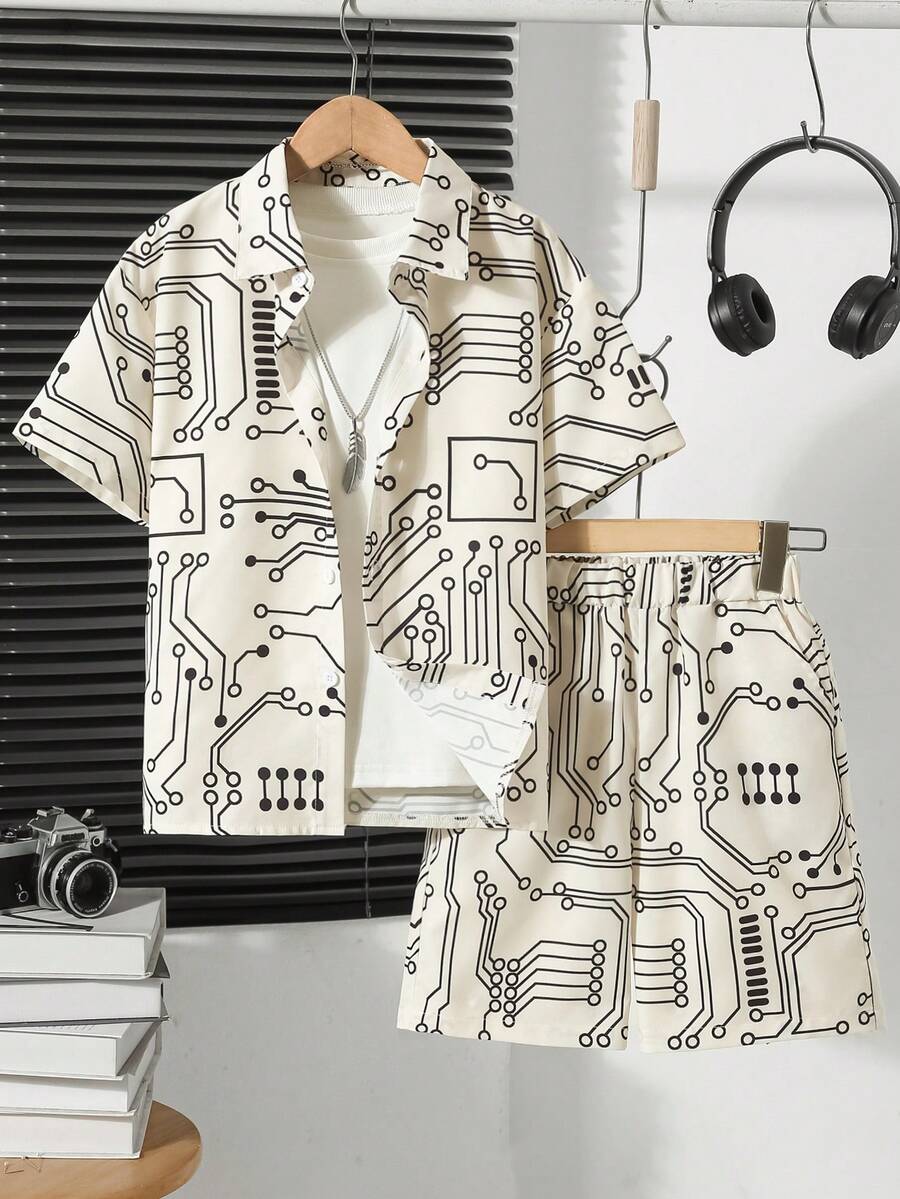 Boys' Casual Circuit Board Print Short Sleeve Shirt And Shorts Set, Spring/Summer - Beige - View 1
