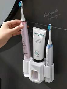 1pc Toothpaste Squeezer Tool - Holds 2 Toothbrushes & 1 Toothpaste, Automatic Toothpaste Dispenser, Toothbrush Holder, DIY Self-Adhesive, Glue Included - Multicolor - View 6