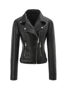 Women's PU Collar Jacket, Spring/Autumn New European And American Style, Solid Color Zipper Pockets Button Decor, Commuter Casual Travel Motorcycle Outwear - Black - View 12