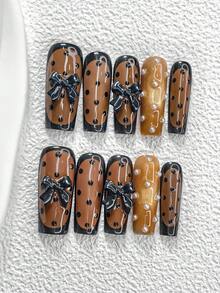 10pcs Elegant Minimalist Gel Nail Art Set, Acrylic Press-On Nails, Hand-Painted Black Edge Design, Black Bow Nail Decor, Black Polka Dot Nail Accessories, Brown & Yellow Nail Polish, Includes Nail Tools (1 Jelly Sticker + 1 Nail File), 3 Sizes: Almond, Duck Mouth, Coffin, Suitable For Valentine's Day, Commuting, Photography, Parties, Winter Nails, Great Gift For Women & Girls Nail Supplies - 彩色 - 查看 15