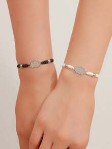 ATLVXJL 2pcs/Set Glow-In-The-Dark Couple/Friendship Bracelet Set With Luminous Smiling Face, Cloud & Knotted Beads On Black & White Cord, Suitable For Daily Wear And Valentine's Day Gift