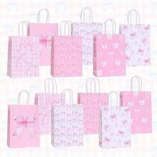 6/12/18/30个装粉色蝴蝶结主题派对礼品袋 - 优雅纸质礼品袋，带提手，适用于婚礼、新娘送礼会、生日及其他特殊场合，饰以粉色系蝴蝶结、星星和几何图案，婚礼派对回礼 | 独特蝴蝶结设计 | 结实耐用的提手袋，新娘送礼会礼物 - 彩色 - 查看 12