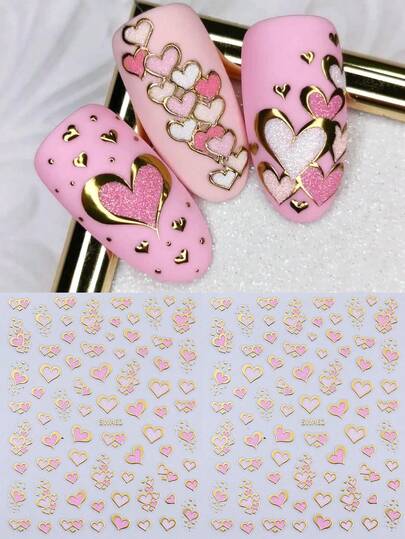 قطعتان من ملصقات فن الأظافر المعدنية اللامعة ثلاثية الأبعاد بشكل قلب، ملصقات أظافر رومانسية لعيد الحب بلون وردي وذهبي براق، ديكورات أظافر DIY لحفلات الزفاف والربيع/الصيف، إكسسوارات أظافر