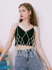 DEKUNER Elegant Handmade Crochet Hollow Out Vest, Fashionable Casual Design With Tassel Criss-Cross Strap Top, Can Be Worn As A Camisole Or Body Jewelry, Suitable For Holidays - White - View 3