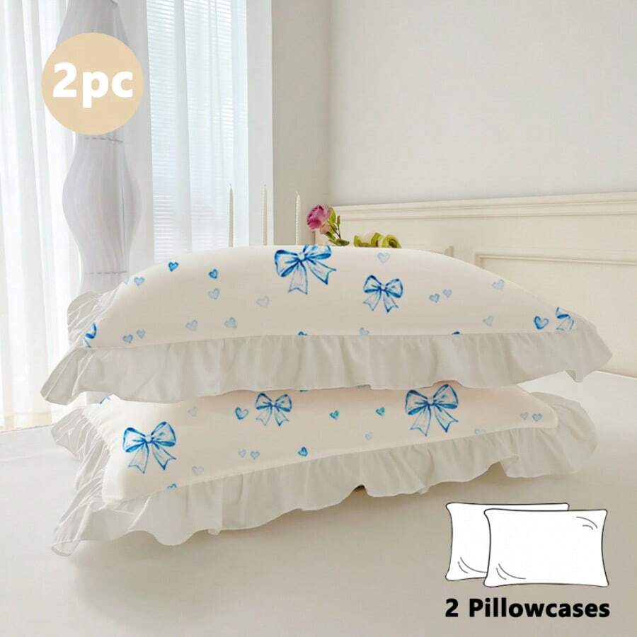 2pcs Set Fresh Floral Ruffle Solid Color Pillowcase, Breathable & Soft, Machine Washable, Suitable For All Seasons, Princess Style Minimalist Floral Pillowcase (Pillow Insert Not Included), Soft & Skin-Friendly For Student Dorm, Bedroom, Hotel - Blue and White - View 1