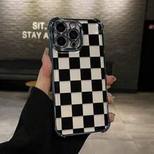 Black Checkered Pattern Four-Corner Drop-Proof TPU Phone Case For IPhone 16 15 14 Pro Max 13 12 11 X/XS Plus Shockproof Full Camera Protection Durable Slim Silicone Case Mobile Phone Case,Suitable For IPhone17 Air - 銀色 - 查看 5