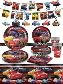 88pcs Car Themed Birthday Party Disposable Tableware Set - Plates, Cups, Napkins, Racing Flags - Multicolor - View 12