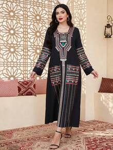 2026 New Style Elegant Embroidered Arabic Women's Dress JALABIA, Square Neck Long Sleeve, Graceful And Dignified - Navy Blue - View 6