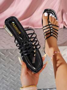Women's New High Heel Sandals With Criss-Cross Straps, Suitable For Daily Casual Wear, Black Open Toe Low Heel Comfortable Slippers - Black - View 2