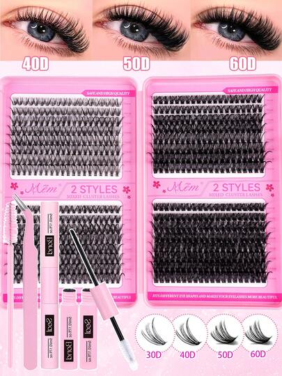 MEM 632/580/544片装睫毛嫁接套装，DIY睫毛嫁接套装，单根睫毛簇，D型卷翘睫毛嫁接套装，包含胶水、封层剂和睫毛嫁接工具，适合日常使用、旅行、新手入门、婚礼、约会、派对、节日等场合，也是圣诞节/万圣节/送礼佳品。