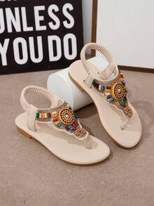 一双时尚儿童亮钻凉鞋，儿童沙滩凉鞋，波西米亚风格，手工缝制钻石单脚凉鞋 - 米色 - 查看 4