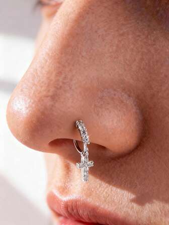 1pc Fashionable Copper Inlaid Cubic Zirconia C-Shaped Cross Pendant, Requires Piercing For Nose Ring, Suitable For Women's Daily Wear, Nightclub Party, Gift For Friends, Birthday