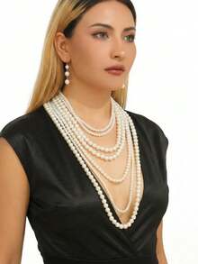 复古简约多层人造珍珠长毛衣链项链和耳环套装 - 均碼 - 查看 10