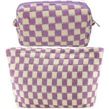 ZLFSRQ 2Pcs Checkered Makeup Bag For Women Large Small Checkered Cosmetic Bag Set Aesthetic Preppy Pencil Case Cute Pencil Pouch Purple Makeup Pouch For Purse Travel Toiletry Bags Zipper Skincare Bags - B-格子2件裝混紫色 - 查看 2